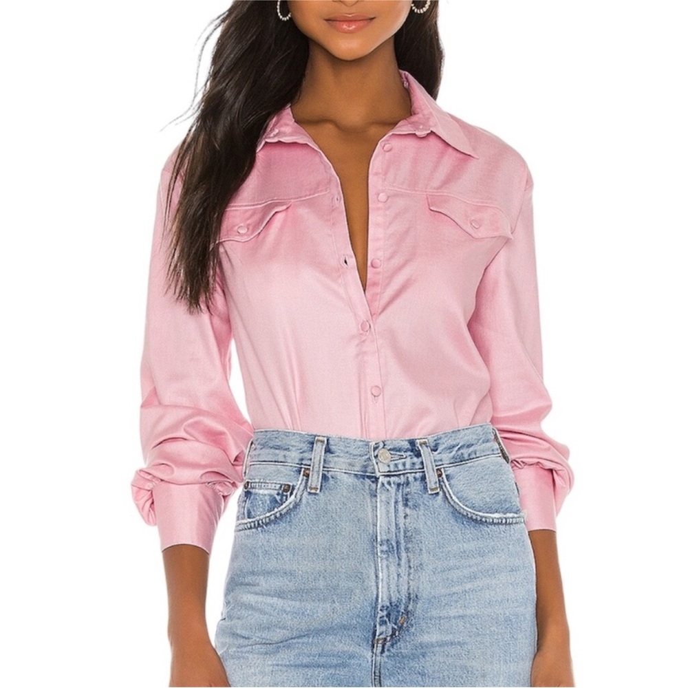 Camila Coelho Snap Button Down Linen Shirt in Pink XS